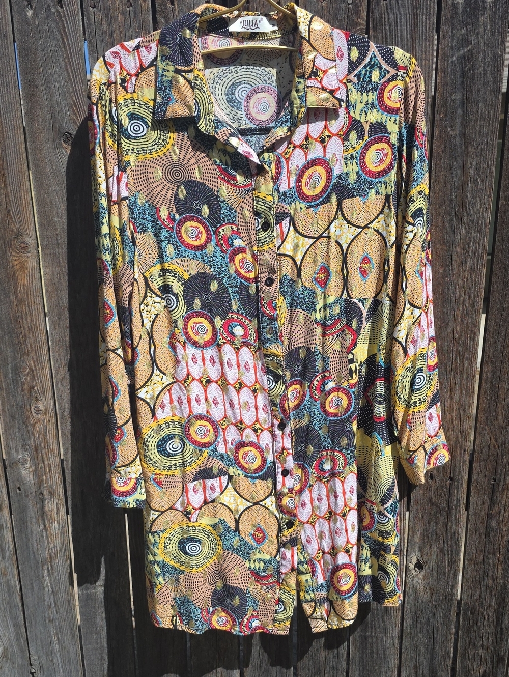 Classic Multi-Print Button-Front Long Women's Top Yellow/Multicolor 100% Cotton